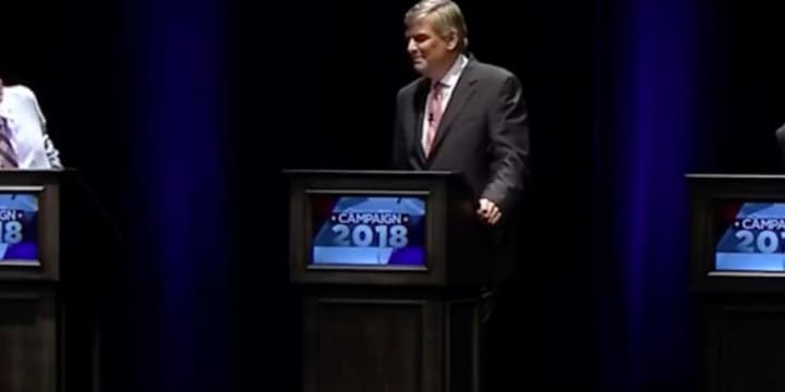 Gubernatorial candidates, from left to right, Richard Nelson &quot;Oz&quot; Griebel, Bob Stefanowski and Ned Lamont during Wednesday night&#x27;s televised debate at the University of Connecticut campus in Storrs.