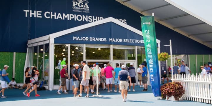 A 60,000-square-foot merchandise tent has been set up at Bethpage Black in advance of the PGA Championship.