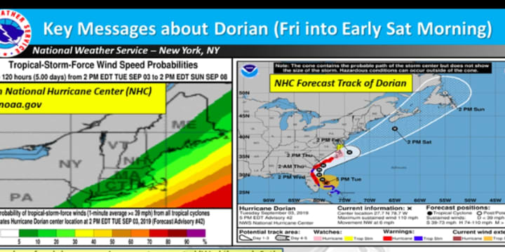 The New York metropolitan area could see Tropical Storm-force winds from Dorian on Friday, Sept. 6 and Saturday, Sept. 7.