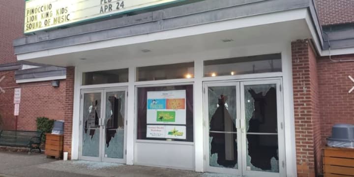 The Town of Yorktown released this photo of the damage to doors at the Yorktown Stage during the early morning vandalism spree.