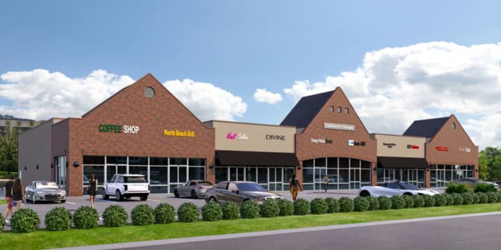 The exterior rendering of the strip mall approved for the Oakland Triangle Shopping Center.