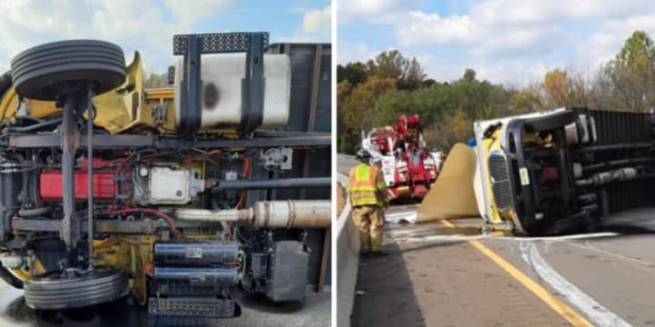 A tractor-trailer overturned on Route 78 in Hunterdon County, causing major delays Monday afternoon, authorities said.