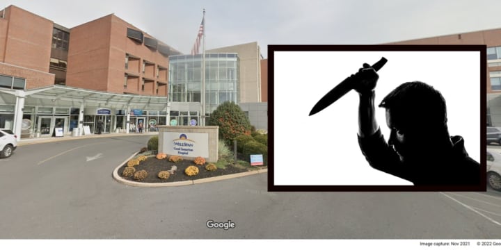 A silhouette of a man holding a knife as if he is about to stab something, and WellSpan Good Samaritan Hospital.