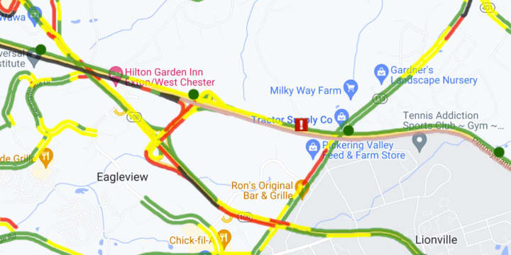 511 PA traffic map. The exclamation point indicates the crash scene.