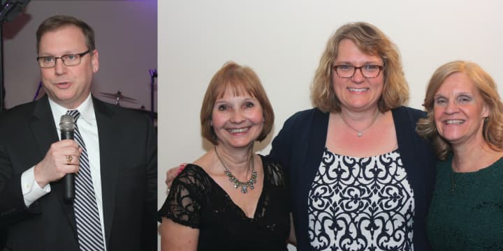Stratford Mayor John A. Harkins (left) and Library Benefit committee members Doreen Jaekle, Sheri Szymanski and Robyn Proto at the &quot;Let the Good Times Roll&quot; gala fundraiser for the Stratford Library. Nearly $15,000 was raised.