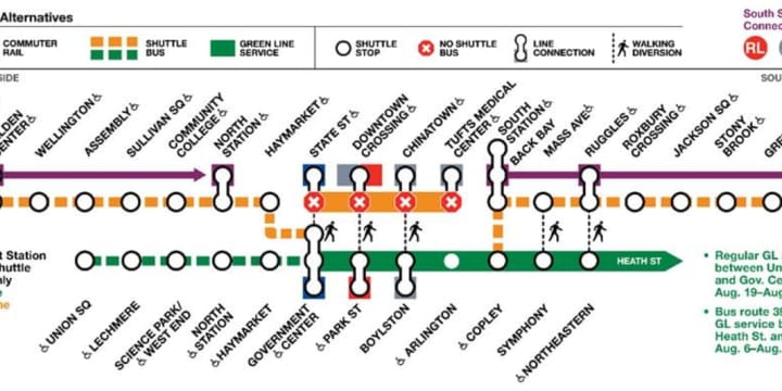A map plotting all alternative routes riders can take during the 30-day Orange Line shutdown