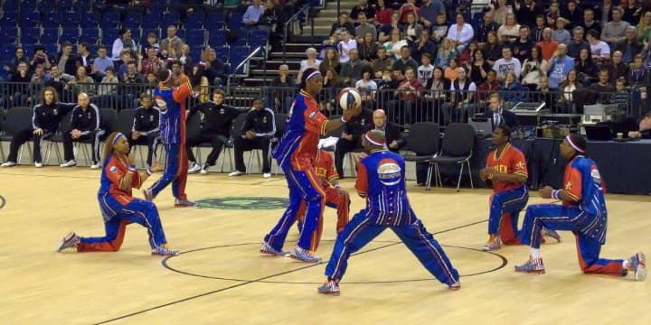 The Harlem Globetrotters get in some pre-game calisthenics before a game last April in Liverpool, England. 