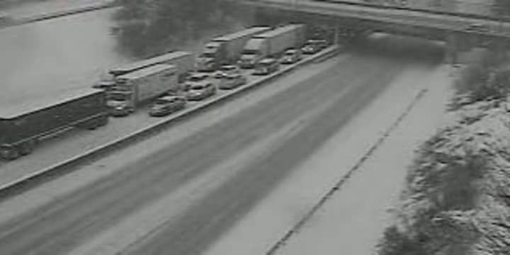 A look at the closed northbound lanes on I-95 in Rye on Monday.