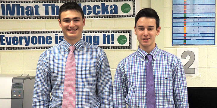 High School sophomores Jordan Canell, left, and Nicholas Bilotta were finalists in the North Atlantic region of the 2014-15 DECA Stock Market Game.