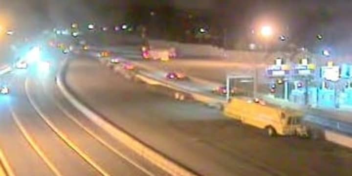 A look at conditions on the Tappan Zee Bridge toll plaza Saturday night.