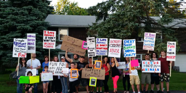 Protesters outside of a circus performance in Verplanck.