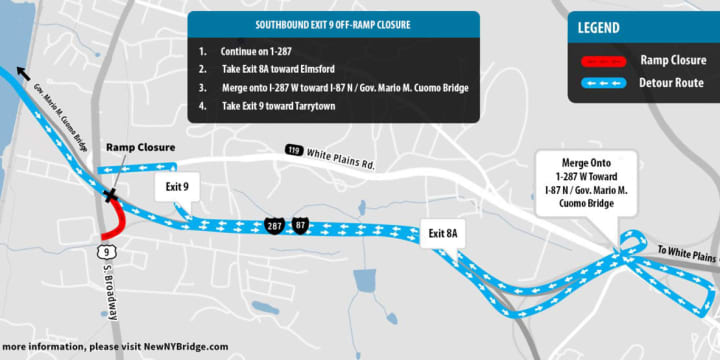 Work during the overnight of Tuesday, July 16, will require temporary closures of the Thruway exit 9 southbound off-ramp. Southbound drivers will be detoured to the exit 8A (Elmsford - NY Route 119 - Saw Mill River Parkway North) off-ramp.