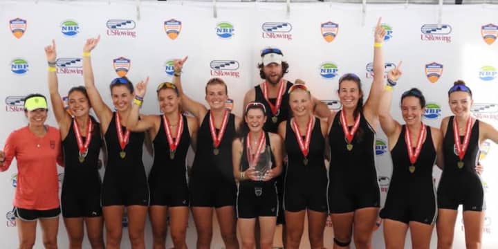 Saugatuck Rowing Club’s womens youth 8+ crew and coaches celebrate after three-peating at the USRowing Youth National Championships. See story for IDs.