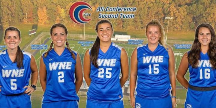 College field hockey players Emily Antinozzi of Rye (No. 25) and Allison Jackson of Mahopac (No. 15) are among the five Western New England University players named all-conference.