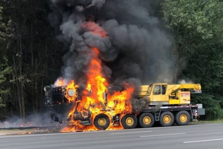 Mobile Crane Goes Up In Flames On Route 80, Fire Truck Involved In Crash