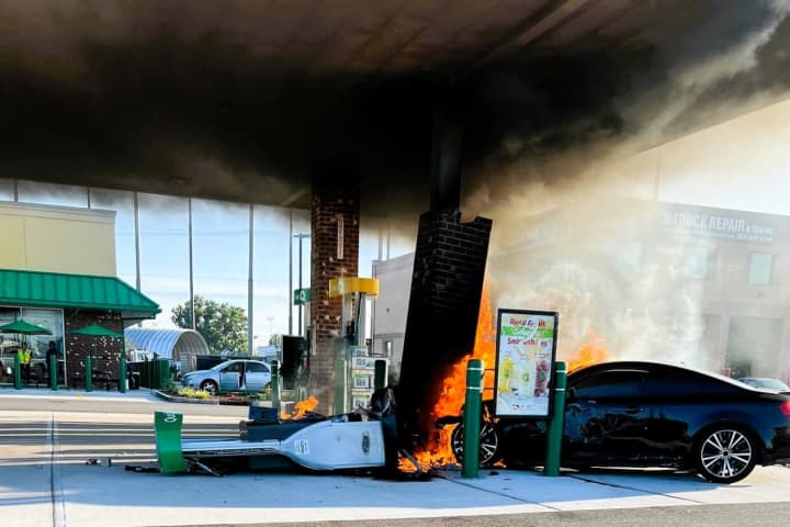 Sedan Slams Into Route 46 Gas Pump, Bursts Into Flames