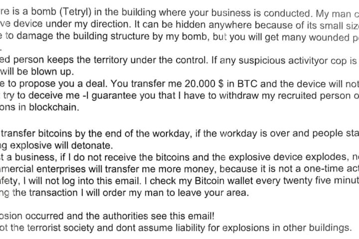 Bitcoin Bomb Threat: Obsolete Compound 'Hidden Anywhere' Would 'Wound People If It Detonates'