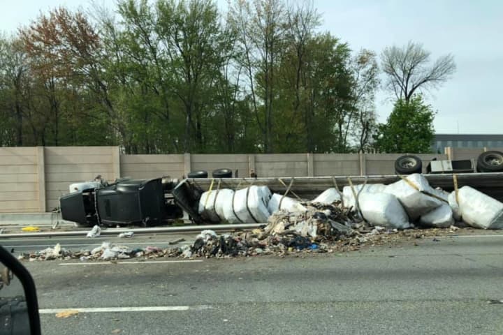 Overturned Tractor Trailer Spills Garbage Across Route 80 Entrance Ramp In Parsippany
