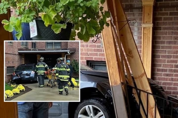 Out-Of-Control Sedan Goes Over Wall, Slams Into Hackensack Apartment Building Support Column