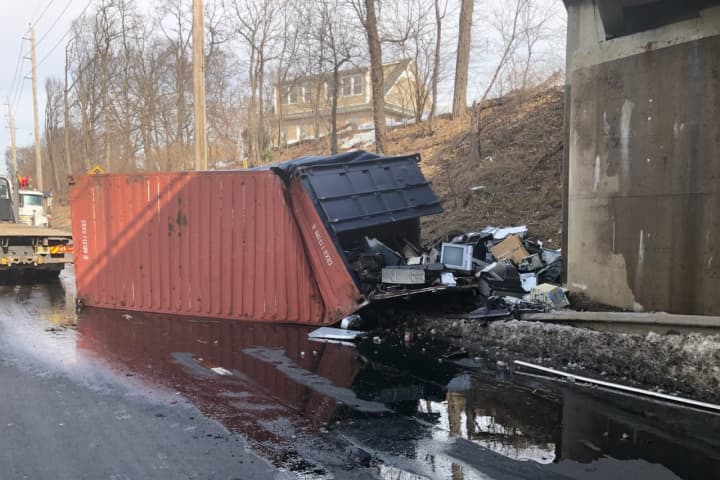 Computer Parts Container Slams Into Bridge, Topples Onto Route 208