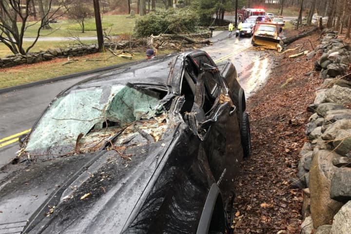 Driver Extricated After Tree Falls On Pickup Truck In New Canaan