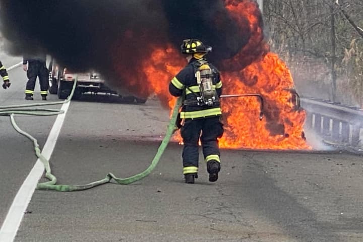 Flames Devour Car At Northern End Of Garden State Parkway