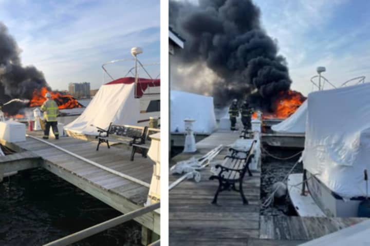 Column Of Fire Engulfs Boat At Somerville Yacht Club