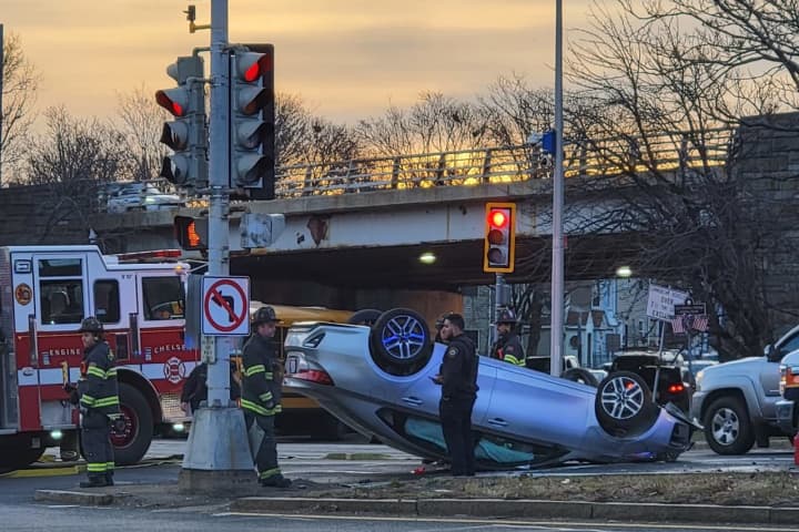 PHOTOS: Person Hospitalized From Rollover Crash On Route 16 In Chelsea