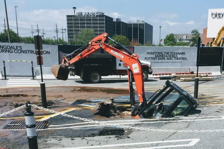Backhoe Falls Into Sinkhole While Repairing Hackensack Mall's Broken Pipe