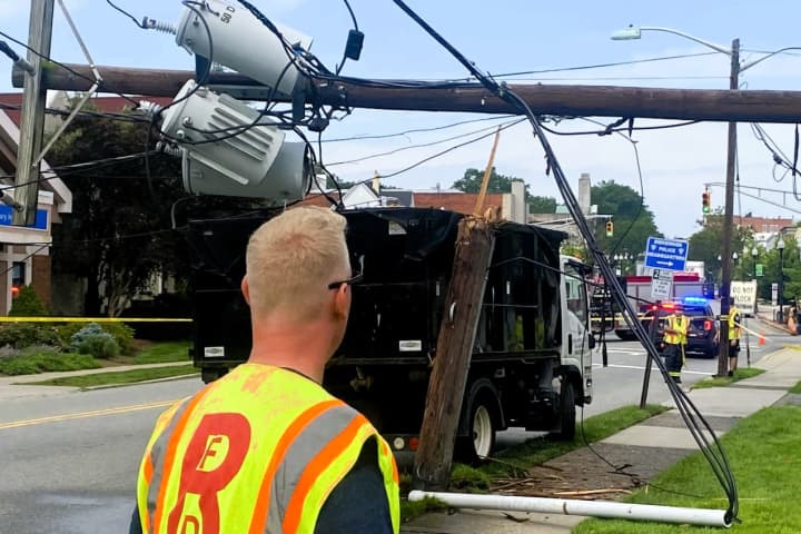 Power Knocked Out, Road Temporarily Closed When Contractor's Truck Downs Pole In Ridgewood