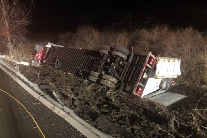 Tractor-Trailer Flips After Nearly Crashing Into Stopped Cars In Dutchess