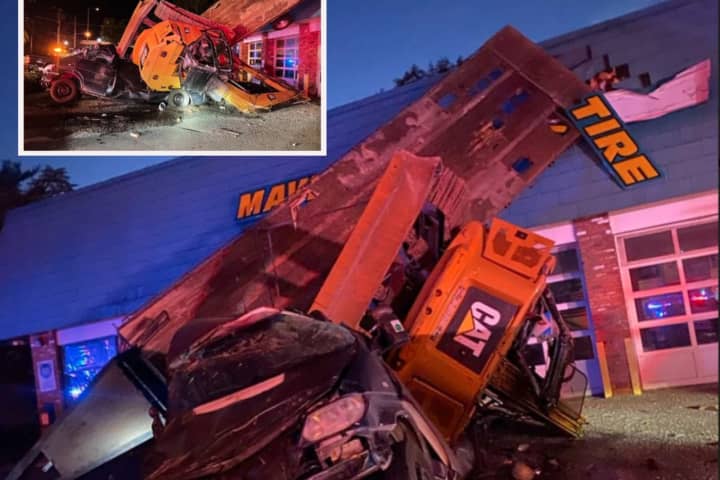 Un-Flipping-Believable: Pickup Truck Towing Excavator Flips, Plows Into NJ Tire Shop (PHOTOS)