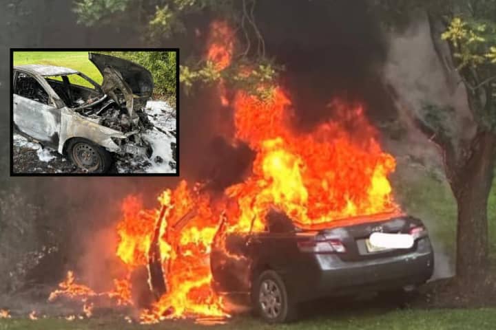 Car Slams Utility Pole, Goes Up In Flames On Hunterdon County Lawn (PHOTOS)