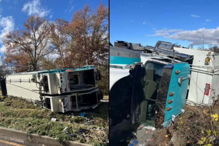 Overturned Trash Truck Temporarily Ties Up Traffic On I-495 In Montgomery County
