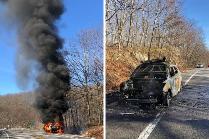 Car Goes Up In Flames On Busy Road Near Lake In Hudson Valley