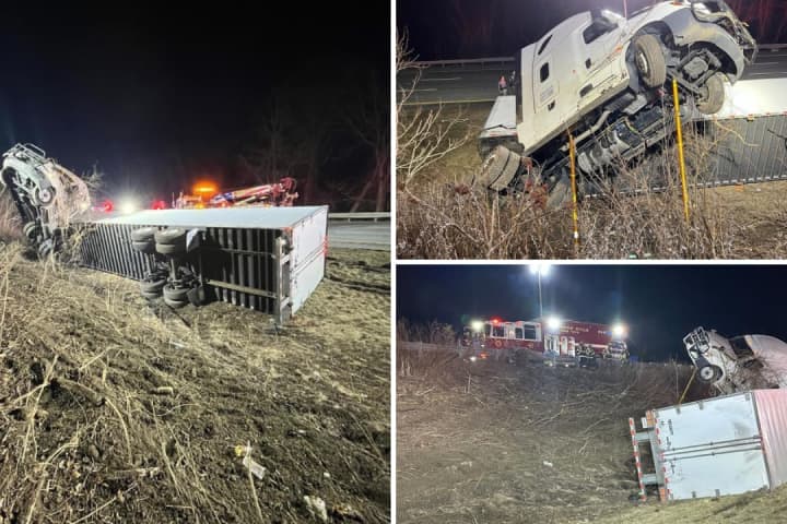 Tractor-Trailer Rolls Over, Traps Driver On I-684 In Bedford