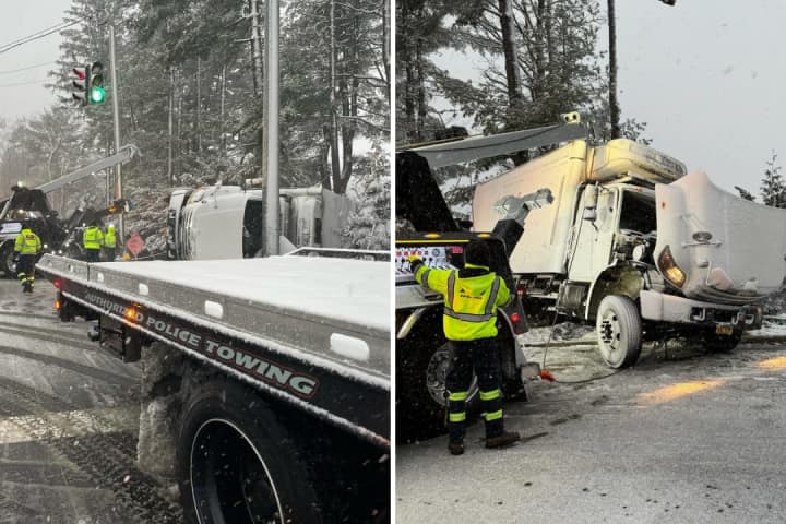 Truck Rolls Over At Busy Westchester Intersection During Winter Storm