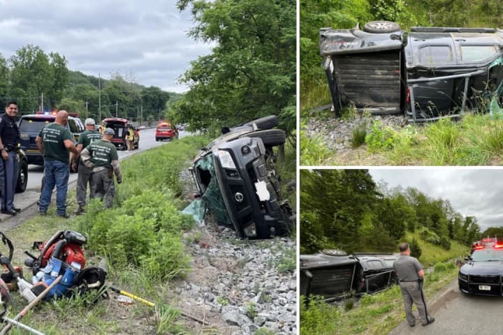 Truck Flips, Spills Landscaping Equipment On Highway On-Ramp In Northern Westchester