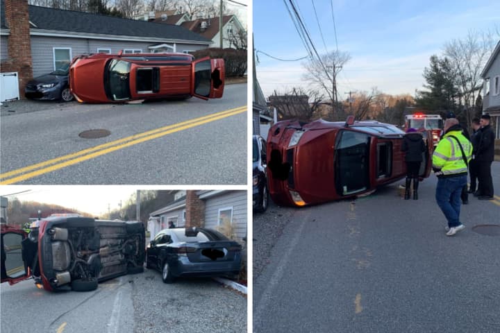 Car Flips On Its Side, Closes Road In Mahopac Accident