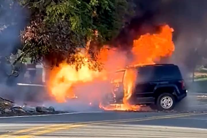 VIDEO: Driver, 22, Escapes Burning Jeep In Old Tappan Moments Before It Bursts Into Flames