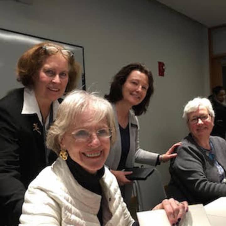 From left, Laurie McGavin Bachmann of the Ridgefield Library; Jane Bryant Quinn; Lesley Lambton, of the Ridgefield Library; and Terry Bearden-Rettger from Books on the Common in Ridgefield at a Sunday book talk and signing at the Ridgefield Library.