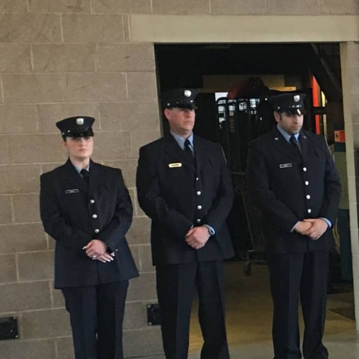 New firefighters Madeline Jankowski, Gregory Petriccione, and John Pomponio.