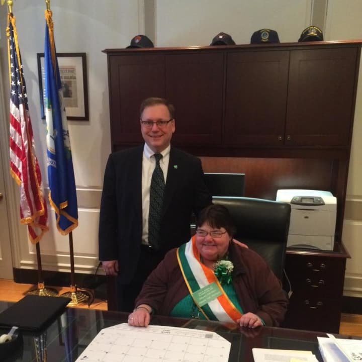 Stratford Mayor John Harkins poses last year with Irish Mayor for the Day &quot;Tish&quot; Morrissey at the town&#x27;s St. Patrick&#x27;s Day celebration at Town Hall.
