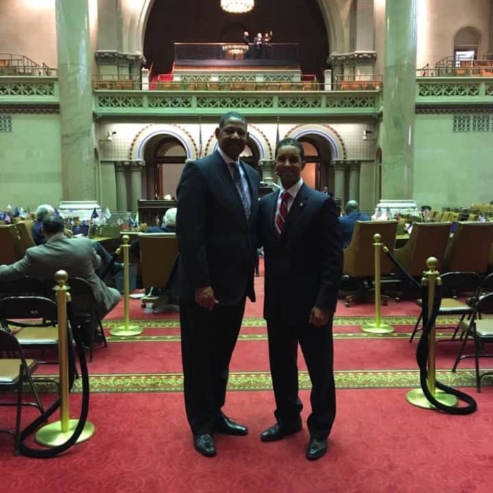 Mount Vernon Superintendent of Schools Kenneth Hamilton and Mayor Richard Thomas at the New York State Capitol on Wednesday.