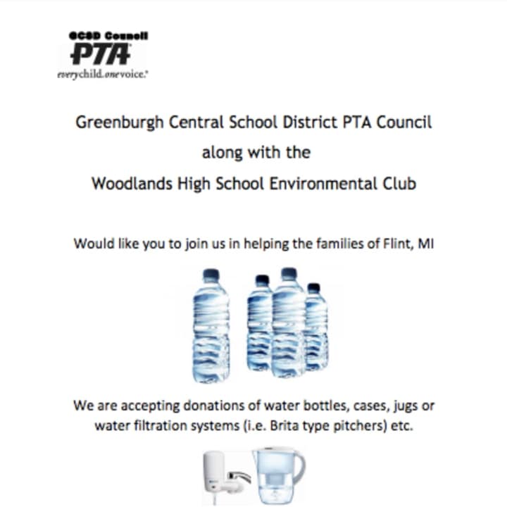 The Greenburgh Central School District PTA Council and the Woodlands High School Environmental Club are collecting water for the people of Flint, Mich.
