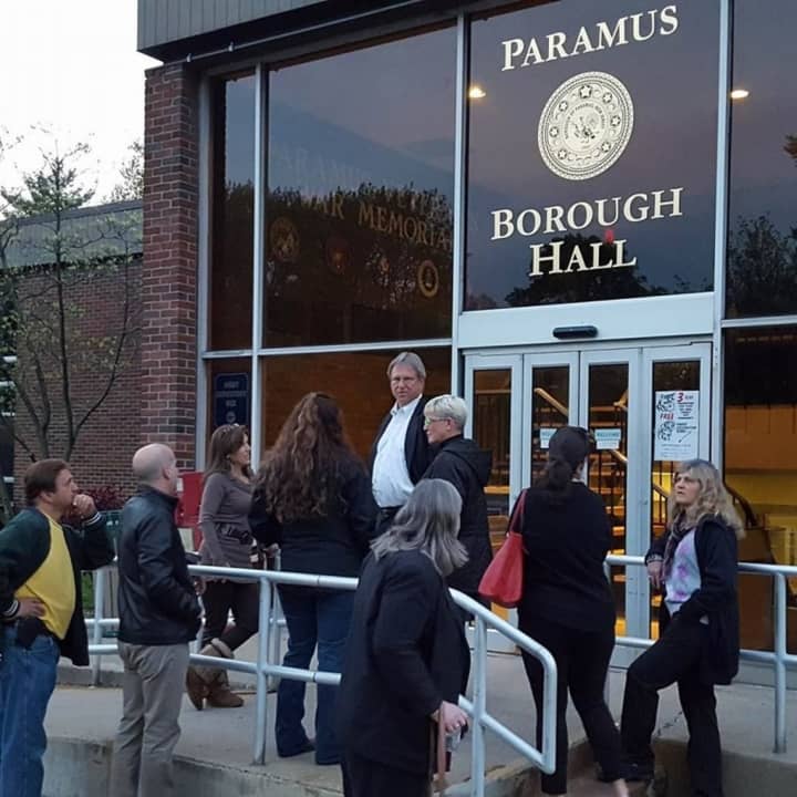 Emerson Mayor Lou Lamatina with animal rights advocates outside Paramus Borough Hall.