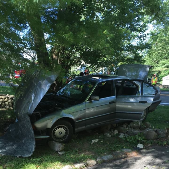 Weston firefighters responded to a one-car crash Saturday on Georgetown Road. The driver, said to be the only person in the car, suffered nonlife-threatening injuries.