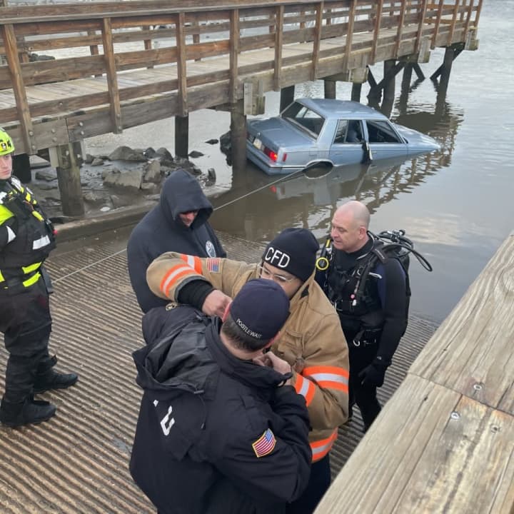 A Ridley driver was rescued from his car after it submerged 15 feet into the Delaware River Monday, authorities said.