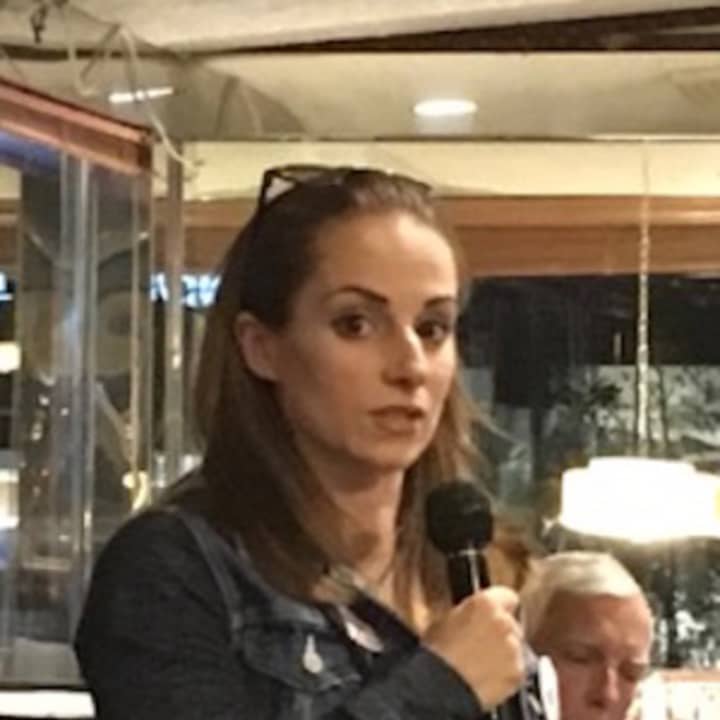 Nina Sherwood addresses a group of progressive Democrats at the Silver Star Diner in Norwalk.