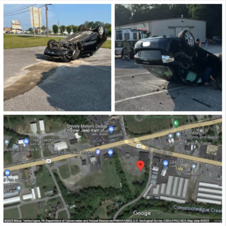 The scene of the rollover crash in Chambersburg and a map show the area where it happened.